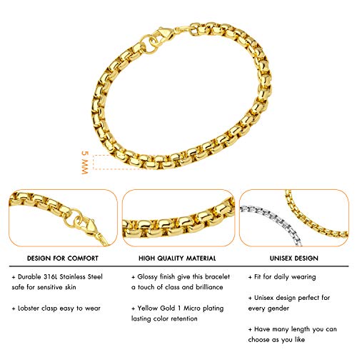 555Jewelry 5mm Stainless Steel Box Chain Bracelet for Men & Women, 6.5 to 9 Inch - color: Gold