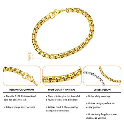 555Jewelry 5mm Stainless Steel Box Chain Bracelet for Men & Women, 6.5 to 9 Inch - color: Gold