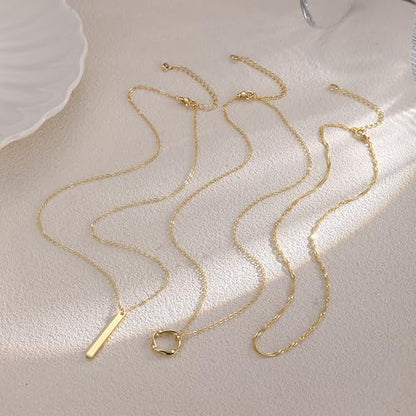 Gold Necklace for Women 14K Gold Plated Layered Cross Bar Necklace Herringbone Figaro Paperclip Flat Chain Cute Charm Accessories Non Tarnish Jewelry Set Gifts for Women - style: R-NK-07-Circle bar-GD