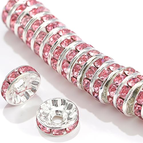 100Pcs Rondelle Spacer Beads Round Crystal Charms Czech Rhinestone Silver Plated Spacer Loose Beads for DIY Bracelet Necklace Jewelry Making Supplies (6MM, Pink) - color: Pink, size: 6MM