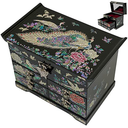 February Mountain Mother of Pearl Wooden Jewelry Organizer Box – Jewelry Storage Box for Women, Features Spacious Drawers, Ideal for Rings, Bracelets, Watches, Chains, Accessories (Peacock) - style: Peacock