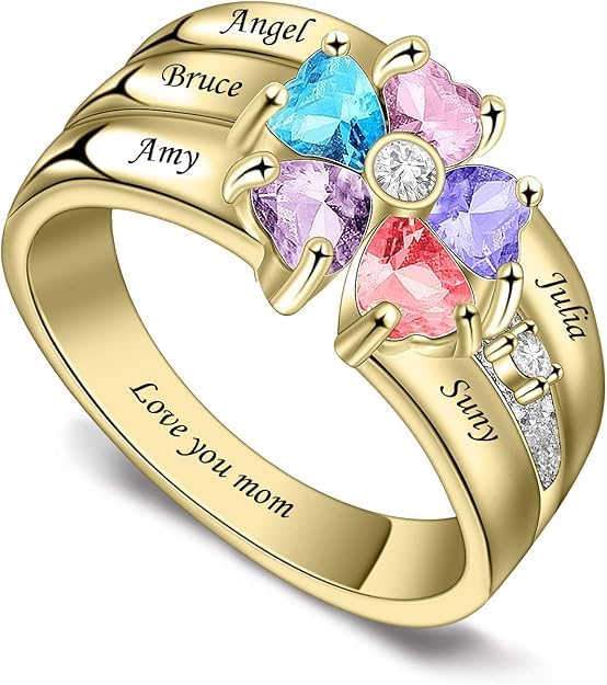 Custom Multi-Stone Family Ring 925 Sterling Silver/10K/14K/18K Gold Colored Personalized (2-8 stones) Birthstone Engraved Ring for Women Mom Wife Jewelry Gifts - style: Five Stone