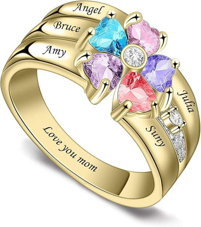 Custom Multi-Stone Family Ring 925 Sterling Silver/10K/14K/18K Gold Colored Personalized (2-8 stones) Birthstone Engraved Ring for Women Mom Wife Jewelry Gifts - style: Five Stone