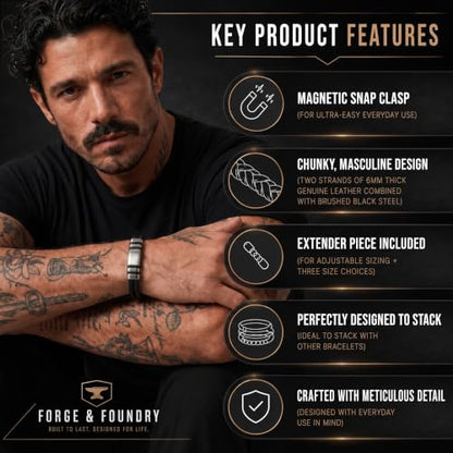 Forge & Foundry Men's Adjustable Black Leather Bracelet | Genuine Woven Leather with Snap Clasp | Design-Led, Artisan Jewelry from London [Navarro] - color: Silver - Double Strand, size: Medium