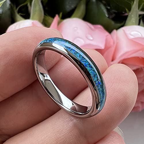 TUTISS 4mm Silver/Black Tungsten Rings for Women Men Engagement Wedding Bands Genuine Blue Green Galaxy Opal Inlay Domed Polished Comfort Fit - color: 4mm Tungsten Blue Opal