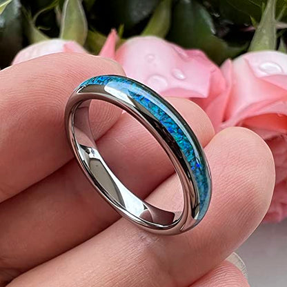 TUTISS 4mm Silver/Black Tungsten Rings for Women Men Engagement Wedding Bands Genuine Blue Green Galaxy Opal Inlay Domed Polished Comfort Fit - color: 4mm Tungsten Blue Opal