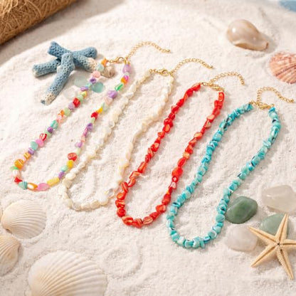 Beach Irregular Colorful Beaded Necklaces for Women Vacation Gifts | Chunky Red Blue White Beaded Choker Necklaces, Beach Boho Vacation Jewelry, Holiday Gifts, Coastal Summer Outfit Accessories - color: Pearl White