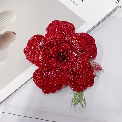 Rhinestone Flower Brooch Pin for Women Men Elegant Sparkly Crystal Camellia Floral Lapel Pins Shawl Dress Suit Clothes Accessories Wedding Party Fashion Jewelry 105mm - color: Red