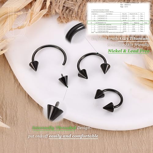 G23 Titanium 14/16/18/20G Septum Rings Horseshoe Nose Ring Jewelry | 2/3Pcs Circular Barbell Spike Lip Body Piercing Jewelry Conch Helix Tragus Earring Silver/Black 8/10/12mm 14K Gold Plated - color: Black-3pcs, size: Spike-3pcs-18g-8/10/12mm