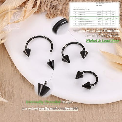 G23 Titanium 14/16/18/20G Septum Rings Horseshoe Nose Ring Jewelry | 2/3Pcs Circular Barbell Spike Lip Body Piercing Jewelry Conch Helix Tragus Earring Silver/Black 8/10/12mm 14K Gold Plated - color: Black-3pcs, size: Spike-3pcs-18g-8/10/12mm