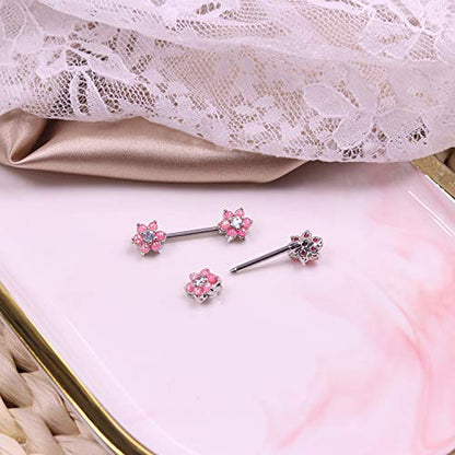 14G Opal Flower CZ Nipple Barbell Nipple Ring Piercing Jewelry for Women - color: pink