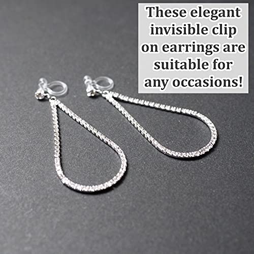 Dangle Silver Invisible Clip On Earrings for Women Not Pierced Gold Crystal Rhinestone Comfortable Hoop Fringe Long Chain Clip On Earrings - color: Teardrop Silver 2