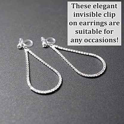 Dangle Silver Invisible Clip On Earrings for Women Not Pierced Gold Crystal Rhinestone Comfortable Hoop Fringe Long Chain Clip On Earrings - color: Teardrop Silver 2
