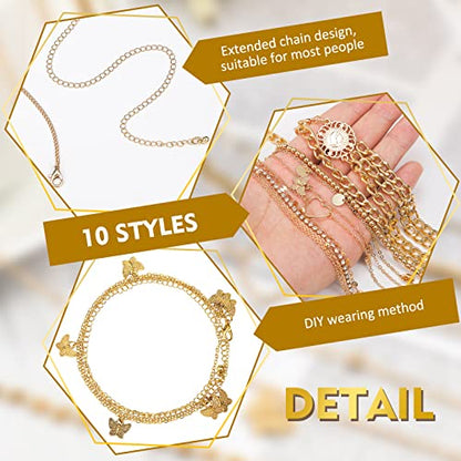Lenwen 10 Pcs Summer Beach Belly Chain Adjustable Waist Multi Layered Chain Waist Jewelry for Women Girls Multilayer Body - color: Gold, style: Classic Style