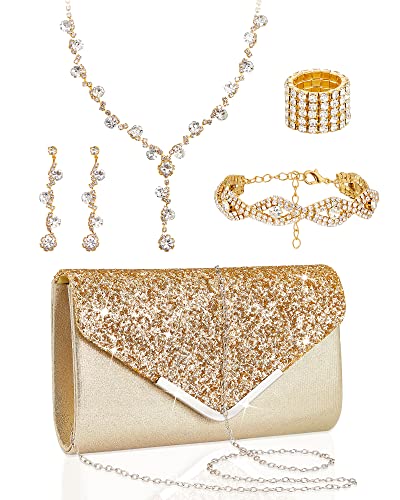 Henoyso 5 Pcs Purse Rhinestone Jewelry Set Prom Jewelry Rhinestone Clutch Purse Necklace Earrings Bracelets for Women Bride - color: Gold