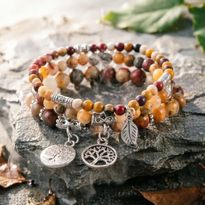 YGLINE Tree of Life Yoga Healing Stone Bracelets,Multilayer Lotus Chakra Stone Reiki Bracelet Sets,Anxiety Crystal Natural Stone,for Women Stress Relief - color: Crazy Agate-3w