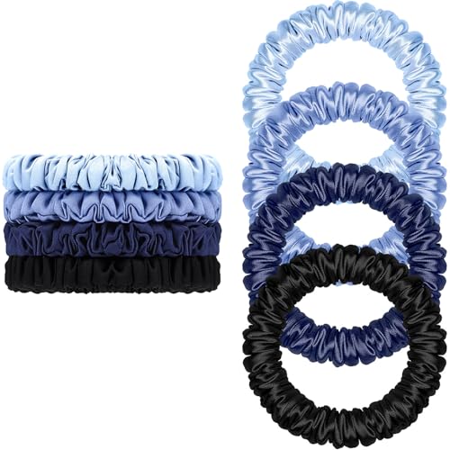 Scrunchies Hair Ties Silk Satin Scrunchy, WantGor Women 4PC Hair Bands | Pure Mulberry Silk Skinny Elastic Scrunchies Bracelets Ponytail Holders Hair Accessories (Black,Blue,Navy,Lake Blue) - color: Black,Blue,Navy,Lake Blue