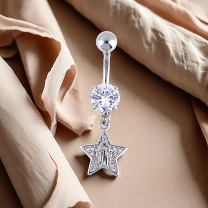 B BodyPJ Sparkles 14G Religious Belly Button Ring with Crystal Cross and Religious Charms, Stainless Steel - style: Type A,Silver