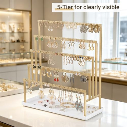 Mkono 5-Tier Earring Holder Organizer, Gold Jewelry Display Stand with Tray | 112 Pairs Ear Stud Hanger, Storage Bracelet Rings ,Anti-Tip Metal Rack, Vanity & Counter Use, Home Room Decor, Gift for Women