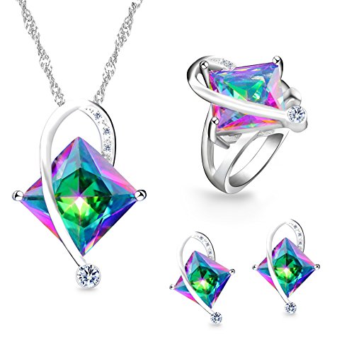 Uloveido Charm Created Topaz Big Square Crystal Necklace Matching Stud Earrings Rings Jewelry Set T295 - color: Rainbow