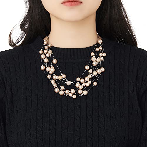 FULU AUTUMN Layered Pearl Necklace Multi-strand Pearl Choker Necklaces for Women Beaded jewelry for Wedding Parties - color: 37-Champagne
