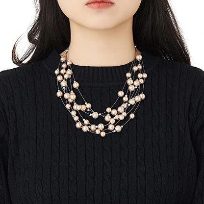 FULU AUTUMN Layered Pearl Necklace Multi-strand Pearl Choker Necklaces for Women Beaded jewelry for Wedding Parties - color: 37-Champagne