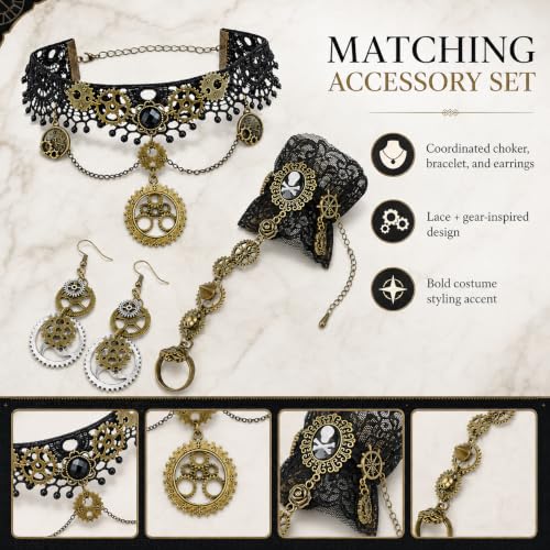 Steampunk Accessories Set Lace Choker Necklace Hand Chain Bracelet Earrings | Vintage Gothic Jewelry Gear Pendant Cosplay Costume Halloween Outfit Women Teen Festival Apparel Retro Victorian Style