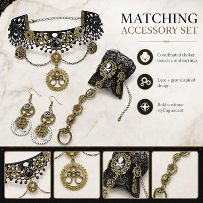 Steampunk Accessories Set Lace Choker Necklace Hand Chain Bracelet Earrings | Vintage Gothic Jewelry Gear Pendant Cosplay Costume Halloween Outfit Women Teen Festival Apparel Retro Victorian Style