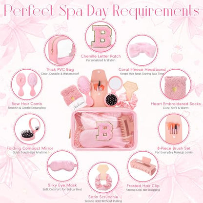 9 Pcs Bow Gift for Woman Set with Hair Headband Scrunchie Sleep Eye Mask Hair Claw Bow Comb with Mirror Monogram Cosmetic Bag Socks for Bachelorette Party Spa Sleepover Birthday Gifts (B) - style: B