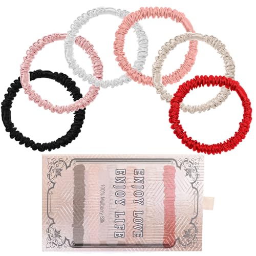 6PCS Hair Scrunchies 100% Mulberry Silk Scrunchie for Women Girls Curly Thick Satin Thin Hair .Women's Black Large Cute Big Sleepy Bulk Small Tie Scrunchie Sleep - color: Small Silk Hair ties Style 6
