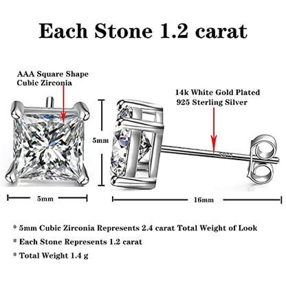 925 Sterling Silver Stud Earrings 4 Prong Princess Cut Square Cubic Zirconia Ear Stud for Women Men CZ 4mm-7mm - style: White Gold--2.40cttw (5mm)