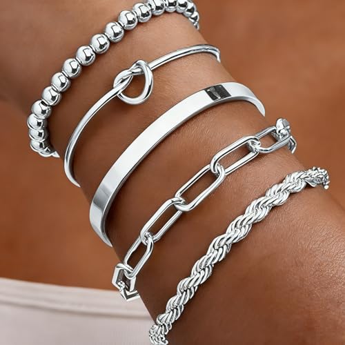 Gold Bracelets for Women, 5 Pcs Non-Tarnish Gold Plated Stackable Bangles with Beaded, Knot, Twisted, Cuff & Chain Designs, Everyday Jewelry Gifts - color: Silver-5pcs