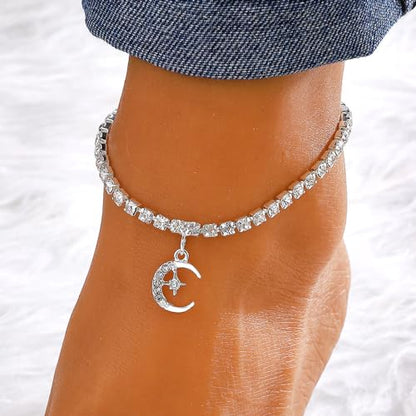 Fesciory Silver Ankle Bracelets for Women, Adjustable Rhinestone Pendant Tennis Anklet, Butterfly Heart Infinite Diamond Summer Beach Foot Chain Jewelry Gifts - style: Moon1