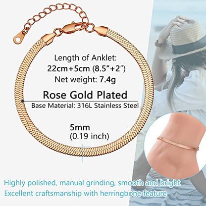 PROSTEEL 316L Stainless Steel Herringbone Flat Chain Bracelets/Anklets, Beautiful Summer Jewelry, Black/Yellow Gold/Rose Gold Plated, 6.3inch/8.5inch Adjustable, Come Box - color: Rose Gold
