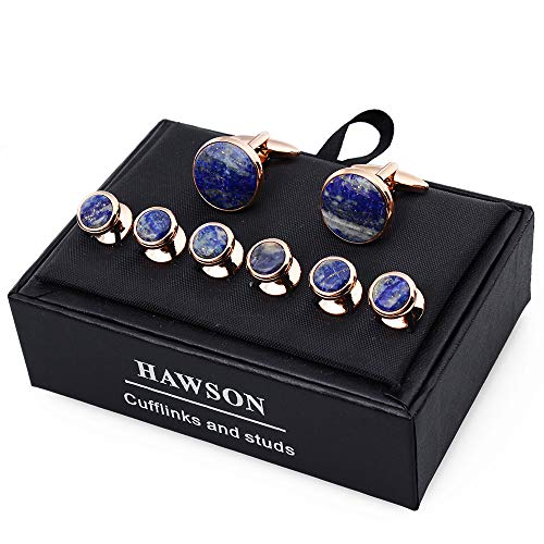 HAWSON Cufflinks and Tuxedo Studs Set for Men with Gift Box, Mother-of-Pearl Cuff links for French Cuff Shirt and Dress Shirt, Suitable for Wedding, Birthday, Party - style: Lapis Stone
