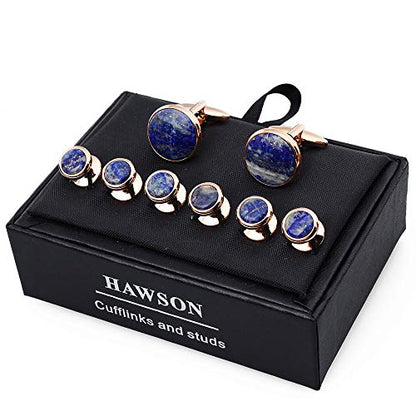 HAWSON Cufflinks and Tuxedo Studs Set for Men with Gift Box, Mother-of-Pearl Cuff links for French Cuff Shirt and Dress Shirt, Suitable for Wedding, Birthday, Party - style: Lapis Stone