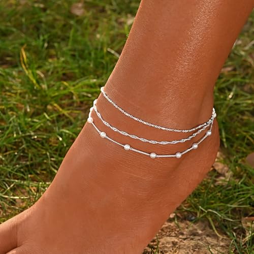 Ankle Bracelets for Women 14K Gold Sterling Silver Plated Anklets for Women Waterproof Dainty Anklets with Cubic Zirconia,Clover, Forever Love Knot, Chains Trendy Everyday Anklet Beach Summer Jewelry Gift - color: Layered Twisted Chain-Silver
