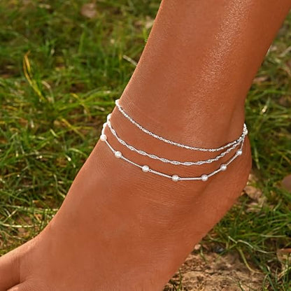 Ankle Bracelets for Women 14K Gold Sterling Silver Plated Anklets for Women Waterproof Dainty Anklets with Cubic Zirconia,Clover, Forever Love Knot, Chains Trendy Everyday Anklet Beach Summer Jewelry Gift - color: Layered Twisted Chain-Silver