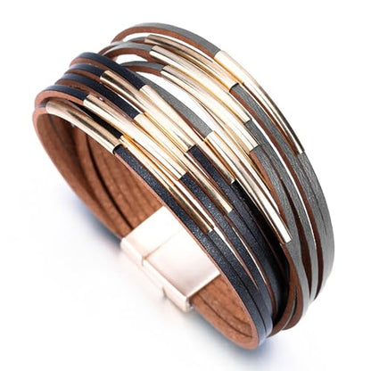 Fesciory Leather Wrap Bracelets for Women, Boho Western Layered Jewelry | Layered leather cuff bracelets, Easy on and off, Boho western style, Daily wear, Gift for women - color: Black and Gray 1