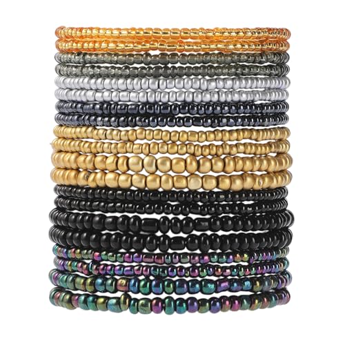 16-30Pcs Handmade Bohemian Colorful Crystal Seed Beads Stackable Adjustable Elastic Stretch Multilayerd Bracelets for Women Summer Vacation Beach Boho Bangle Jewelry - color: black