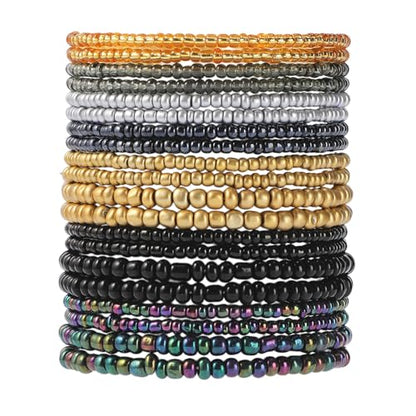 16-30Pcs Handmade Bohemian Colorful Crystal Seed Beads Stackable Adjustable Elastic Stretch Multilayerd Bracelets for Women Summer Vacation Beach Boho Bangle Jewelry - color: black