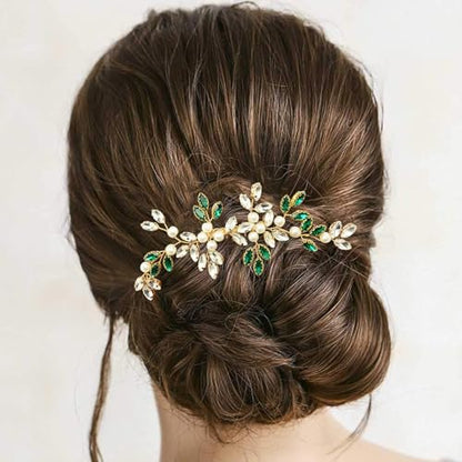 Pearl Crystal Hair Comb Bridal Green Rhinestone Gold Vine Hair Piece Accessories for Wedding Women - color: Green