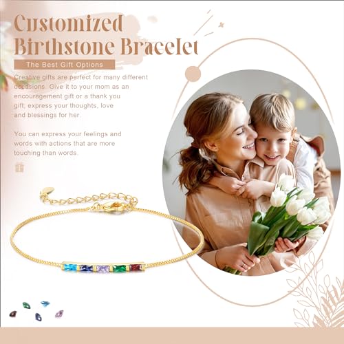 Sterling Silver Personalized 1-6 Birthstone Bracelet for Women Mothers Day Bracelet for Mom Daughter Custom Dainty Jewelry for Christmas Birthday Gift Ideas - style: Gold-5 stones