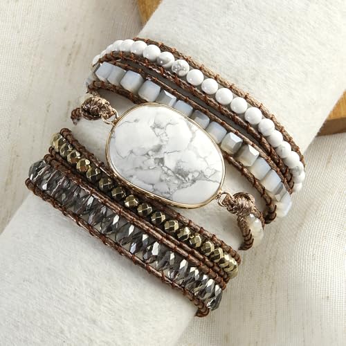 Handmade Boho Wrap Bracelets Natural Turquoise Crystal Stone Variety Beaded Strand Bracelet - color: White Turquoise
