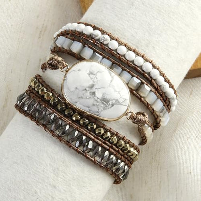 Handmade Boho Wrap Bracelets Natural Turquoise Crystal Stone Variety Beaded Strand Bracelet - color: White Turquoise