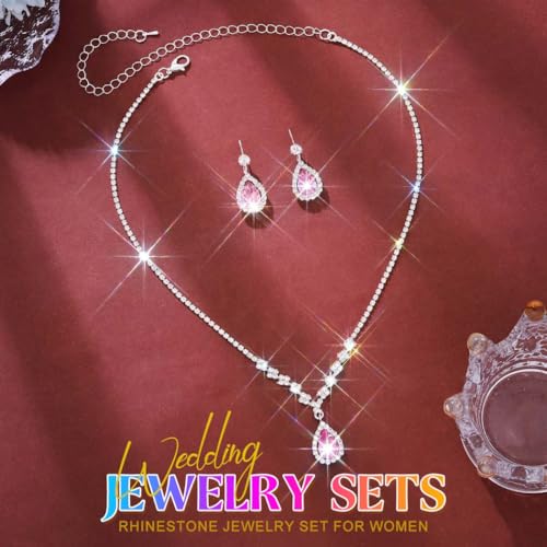 Unicra Bride Crystal Necklace Earrings Set Bridal Wedding Jewelry Sets Rhinestone Choker Necklace Prom Costume Jewelry Set for Women and Brides - color: Pink