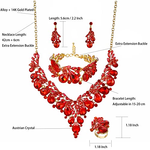 Jewelry Set for Women, Statement Necklace Dangle Earrings Bracelet Ring, White/KC Gold Plated Jewelry Set with Rhinestone Pearl Crystal Wedding Party Jewelry for Bridal Bridesmaid - color: Red-Gold Plated