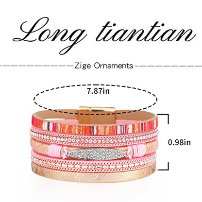 Long tiantian Boho Western Bracelets for Women Leather Wrap Bracelets Turquoise Bracelet Western Jewelry Country Concert Outfits - color: all weather bangles(pink)