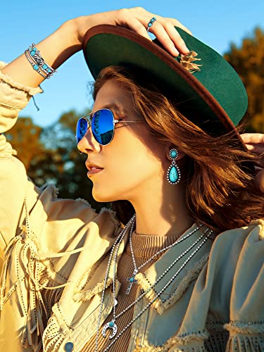 Ecally Bohemian Western Jewelry Turquoise Set Women Country Pendant Long Choker Layered Bracelets Earrings Ring for Women - color: Turquoise, style: Elegant