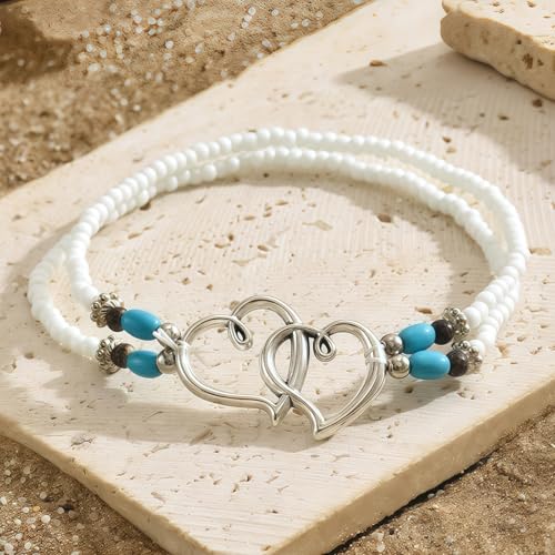 Qceasiy Shell Ankle Bracelets for Women, Boho Beaded Beach Anklet Set | Seashell, Heart, Starfish and Conch Styles, Gold-Tone, Stretch or Adjustable Fit, Layered Beach Vacation Jewelry Gifts - color: White 4